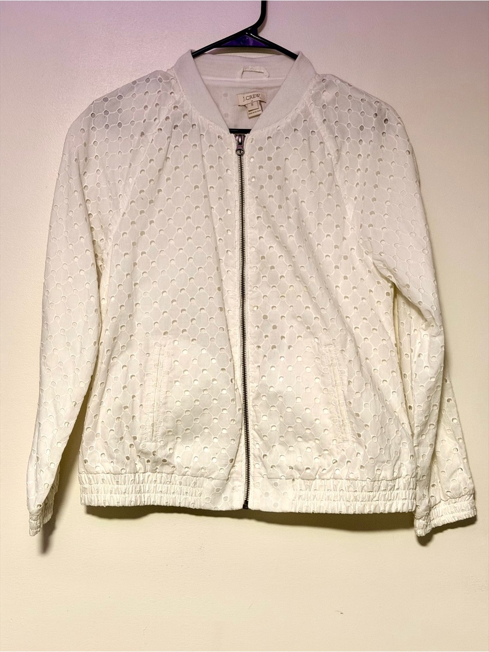 J. Crew White Eyelet Bomber Jacket with Zip Front
